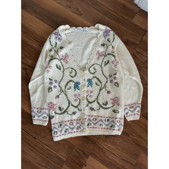 Liz Claiborne Sweaters - Liz Claiborne Vintage‎ Floral Silk Cotton Cardigan Petite S Cottagecore Cream